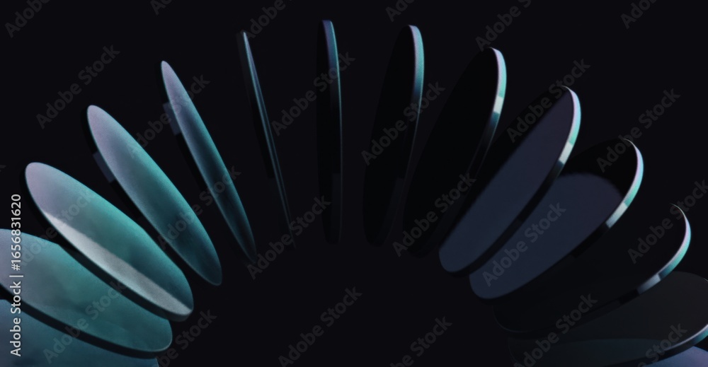 Poster abstract curved metal elements arranged in a mesmerizing design, illuminated against a dark backgrou
