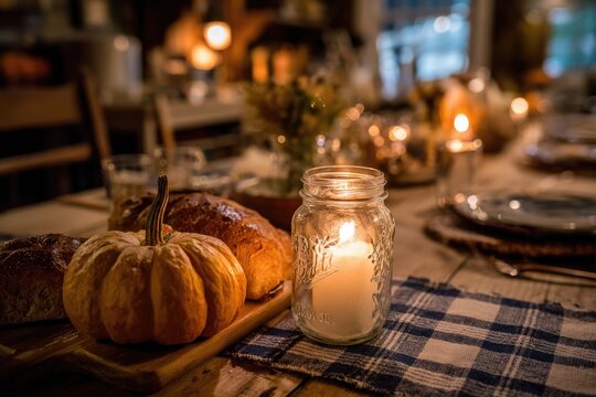 Autumnal dinner table, warm lighting