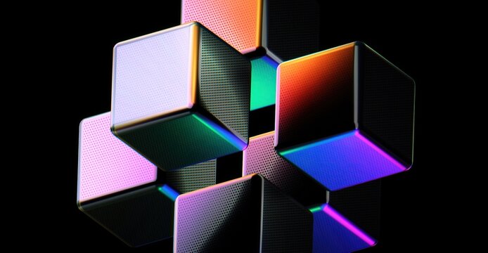 An artistic image of colorful cube structures on dark background. The cubes are arranged in a complex and intricate formation, creating a visually stunning effect