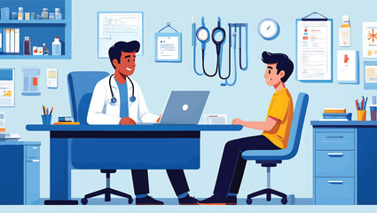Illustration of a doctor consulting with a patient in a modern clinic examination room