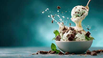 A delicious bowl of mint chocolate chip ice cream splashes joyfully as chocolate chunks rain down, creating an exciting and inviting dessert scene for ice cream lovers.