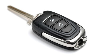 Modern car key fob with buttons and metal blade isolated on white background