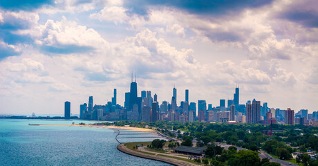 Aerial Drone View of Chicago Skyline and Lake Michigan with Cloudy Sky” August 2025 