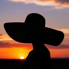 Woman in wide brim hat silhouetted against vibrant sunset sky