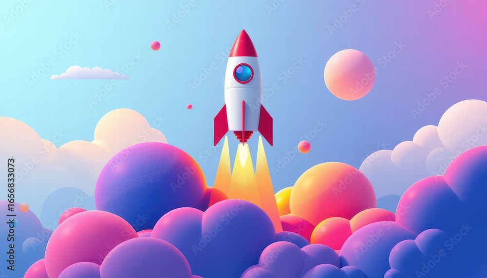 Aufkleber stylized rocket launch illustration with colorful clouds and glowing planets in vibrant sky creating