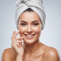 Smiling woman with towel on head applying skincare product