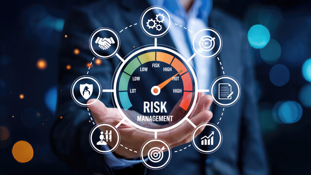 Risk management concept with hand holding digital meter visualizing business challenges and solutions - Powered by Adobe