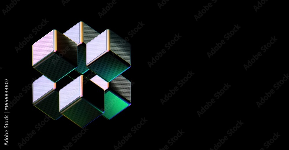 Poster a 3d abstract cube with reflective metallic surfaces floating against a black backdrop, showcasing m