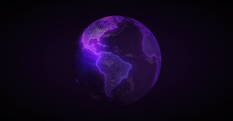 A mesmerizing image of planet earth with glowing contours, a symbol of global interconnectedness and environmental consciousness. The planet shimmers with violet light.