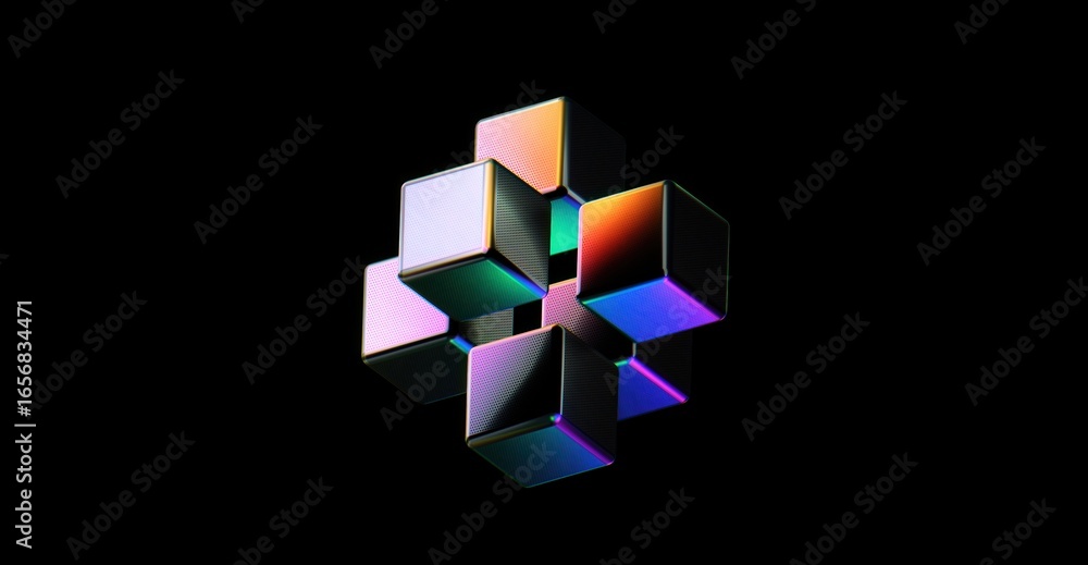 Fototapete abstract iridescent cube with light effect on the dark backdrop. this design is a combination of art