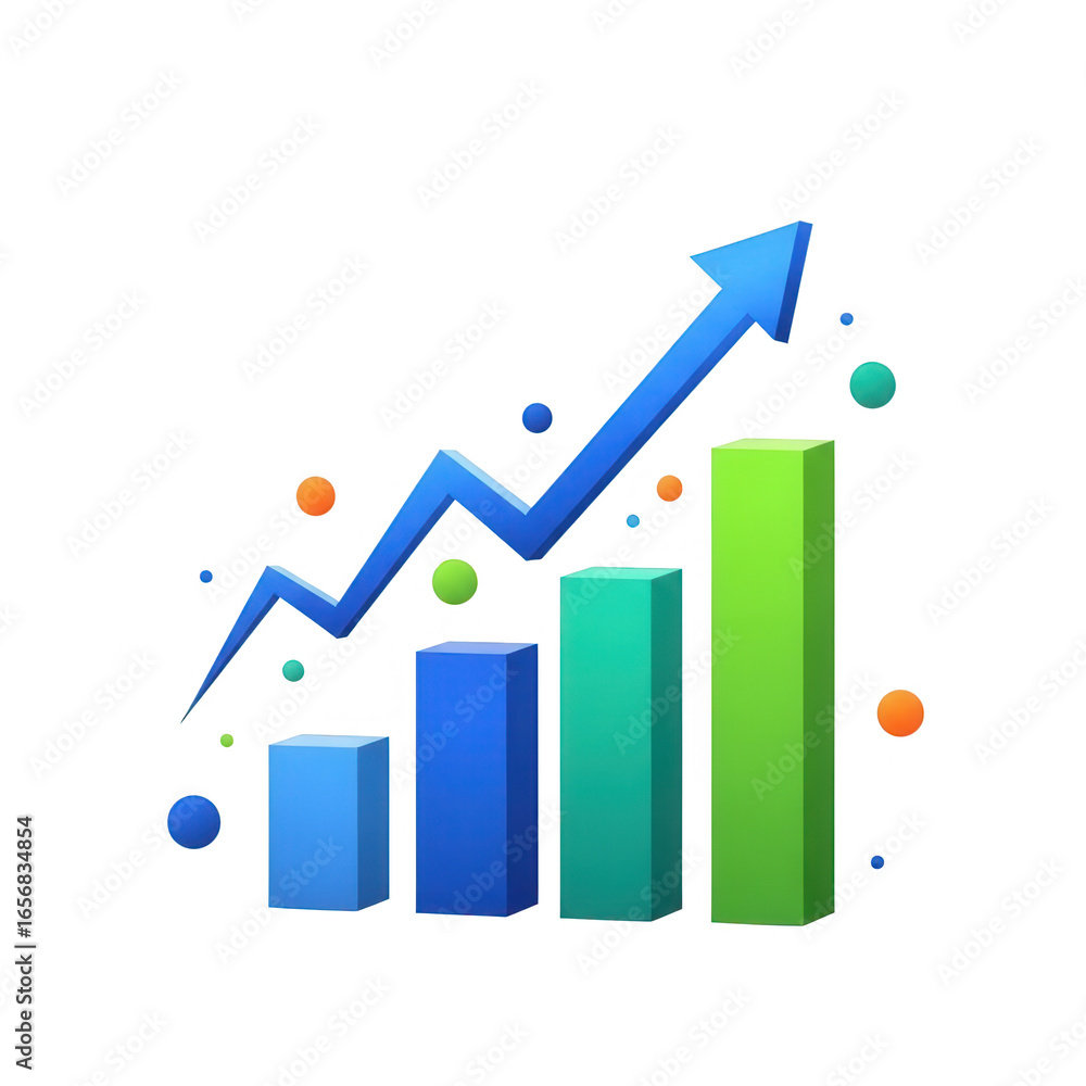 Poster 3d bar chart with upward trend arrow isolated on transparent background