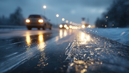 Winter road at night with ice