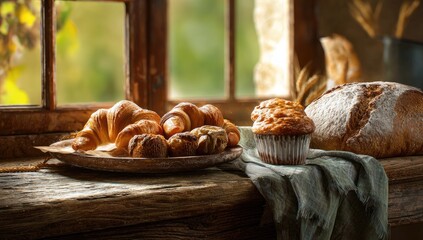 Baked goods displayed on a windowsill