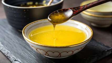 Golden Ghee in Bowl with Spoon &ndash; Pure Organic Clarified Butter Photography