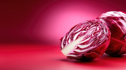 A dynamic image showcasing a cut red cabbage on a richly colored pink background highlights the beauty of food art, making it visually striking and appetizing.
