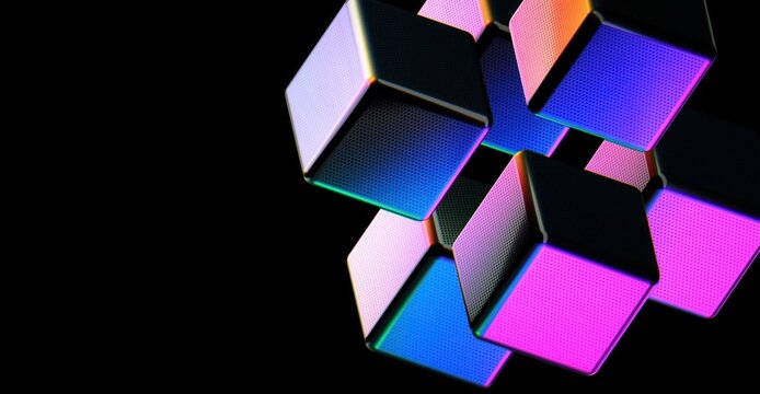 Abstract geometric cubes floating on a black background, showcasing a blend of vibrant colors and modern design. The scene exudes a sense of futurism and digital art