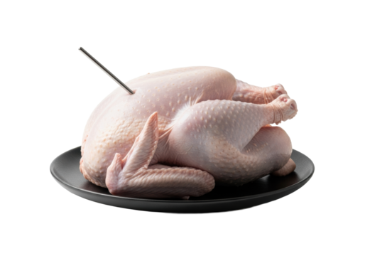A raw, untrussed whole turkey with pale, moist skin and a thermometer probe, on a dark ceramic platter against a transparent background, close-up still life product photography concept