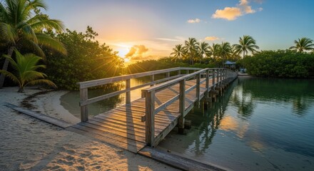 Wooden boardwalk at sunset over tranquil water