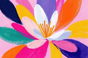 Colorful abstract flower painting blooming with vibrant brushstrokes on pink background