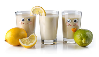 lemonade glasses decorated with cartoon-style faces and fresh lemon and lime. Perfect for children&rsquo;s party menus, summer ads, playful branding, and humorous lifestyle visuals