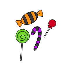 A cartoon of a candy cane, lollipop, and candy bar