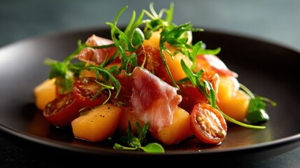 A gourmet salad featuring ripe tomatoes, fresh greens, and thin slices of prosciutto, artfully arranged on a sleek black plate, showcasing vibrant colors and textures.