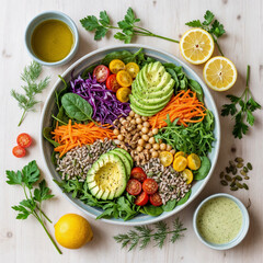 Fresh green salad bowl avocado sunflower seeds mixed greens herbs lemon dressing healthy meal