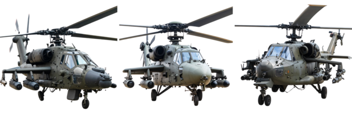 Set Of Attack Helicopter Gunship Angled Perspective with Missile Launchers, Transparent Background