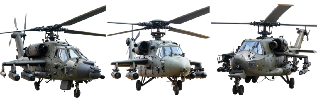 Set Of Attack Helicopter Gunship Angled Perspective with Missile Launchers, Transparent Background