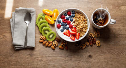 Healthy breakfast platter with berry yogurt bowl granola fruits nuts herbal tea wooden table