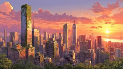 Obraz premium A panoramic cityscape of a decaying metropolis at sunrise, showcasing overgrown skyscrapers and a vibrant sunset.