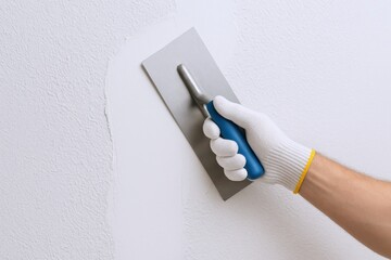 Plasterer Smoothing Wall Surface with Trowel, Applying Finishing Coat, Wearing White Glove on a Construction Site