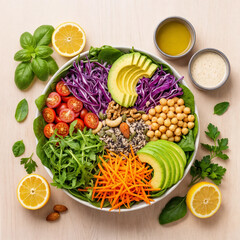 Colorful rainbow salad bowl avocado chickpeas purple cabbage fresh vegetables healthy lunch