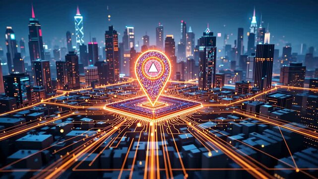 Futuristic neon city skyline at night with glowing location pin symbol in center, digital navigation concept