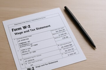 W-2 Tax Form with Pen on Wooden Background Displaying Annual Earnings and Deductions for Tax Season