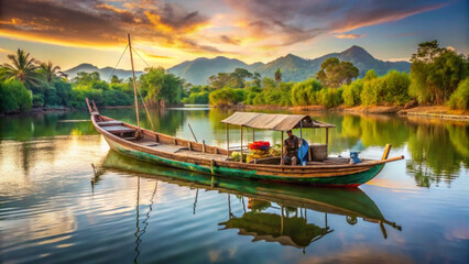 Obraz premium A serene boat on a calm lake at sunset with mountains in the background