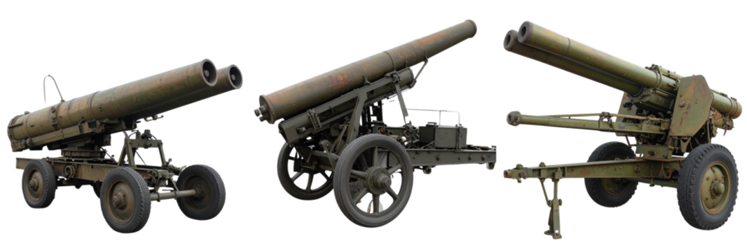 Set Of Classic Twin-Barrel Anti-Aircraft Gun Side View with Rotating Base, Transparent Background