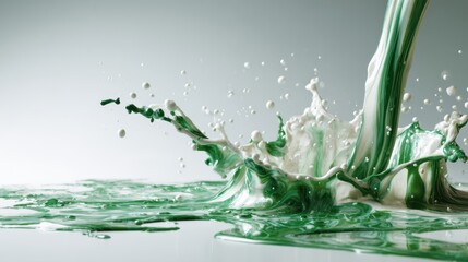 An artistic depiction of vibrant green paint splashing against a neutral backdrop, showcasing creativity and fluid motion in this abstract composition.
