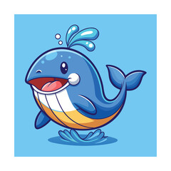Happy cartoon whale spouting water with blue background Keywords: whale, marine life, ocean, sea