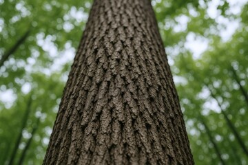 Fototapeta premium Detailed Tree Trunk Texture with Green Canopy, Illustrating Strength, Growth, and Natural Beauty from Below