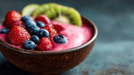 A colorful smoothie bowl filled with berries and kiwi slices sits beautifully in a rustic bowl, highlighting vibrant colors and fresh ingredients for a healthy meal.
