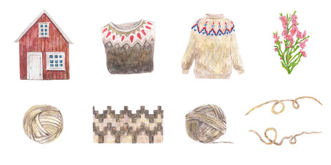 Pink heather bush, traditional red house with window door and pattern of Iceland, two wool knitted sweaters, brown ball yarn and threads. Watercolor set clip art. Vibrant produce, food travel design