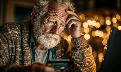 Elderly man with glasses, holding a card, looking at a laptop screen, illuminated with bokeh lights. Focused face - Powered by Adobe