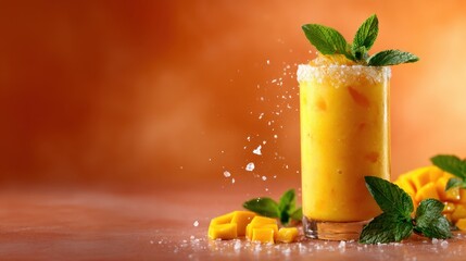 A refreshing mango smoothie garnished with mint leaves embodies tropical vibes and healthy enjoyment, perfect for quenching thirst during hot summer days or smoothies cravings.