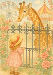 Obraz premium Whimsical child meets giraffe.