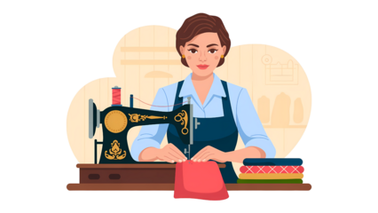 A woman in an apron skillfully operates a vintage sewing machine, crafting fabric with precision.