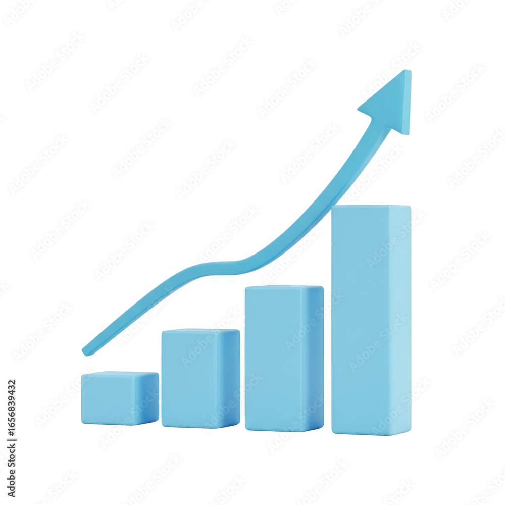 Poster blue 3d bar chart with upward arrow isolated on transparent background