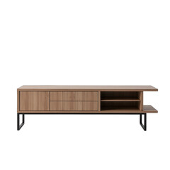 Light-brown wooden  stand with black metal legs.