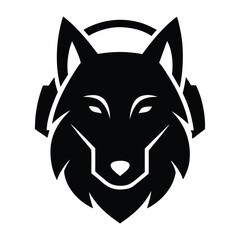Black wolf head with headphones logo graphic design animal