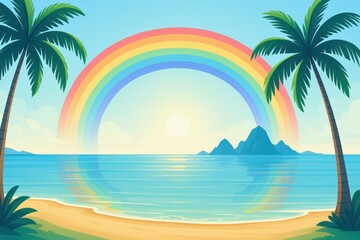 Obraz premium Tropical Beach Paradise with Rainbow: A Serene Vector Illustration of Coastal Beauty and Vibrant Colors